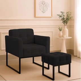 Poltrona Sala e Puff Decorativo Industrial Elisa Veludo D03 - D'Rossi - Preto