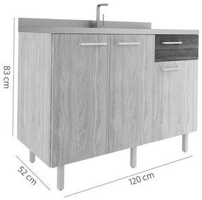 Balcão Pia P/Cozinha 120cm 3 Portas 1 Gaveta Elmo/Carvalho