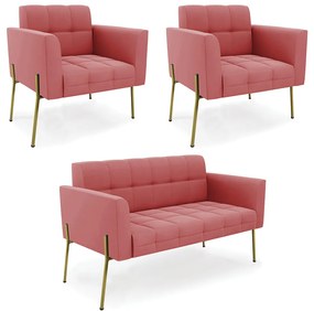 Sofá Namoradeira e 2 Poltronas Pé de Ferro Dourado Elisa Suede D03 - D'Rossi - Rose