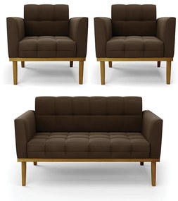 Namoradeira com 2 Poltronas Base de Madeira Castanho Elisa Suede D03 - D'Rossi - Marrom