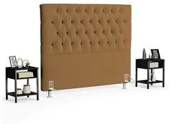Cabeceira Casal 140cm Cristal Boucle Mostarda e 2 Mesas Laterais Plaza