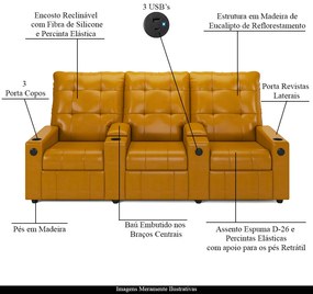 Poltrona do Papai Reclinável Sala de Cinema Movie 3 Lugares Manual Baú USB PU Whisky