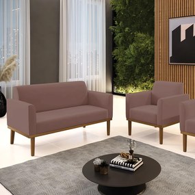 Conjunto Poltrona e Namoradeira Decorativa Isabella Pés Fixo em Madeira Castanho Veludo Rose G19 - Gran Belo