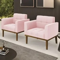 Poltrona Base Madeira Castanho Kit 2 Ana Suede Rosa Bebê - Ibiza