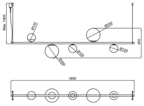 Pendente Organic Horizontal 20X10X180 Alumínio E Globo Ø12Cm / Ø20Cm -... (CP-M - Champanhe Metálico)