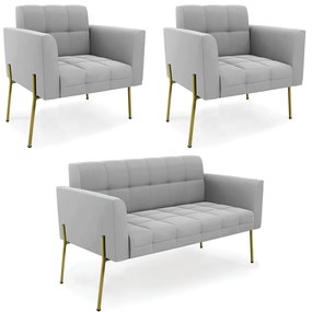Sofá Namoradeira e 2 Poltronas Pé de Ferro Dourado Elisa Suede D03 - D'Rossi - Cinza