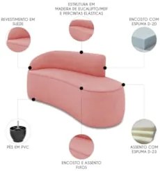 Sofá 3 Lugares Para Sala 180cm Orgânico Wendi Suede Rosê I01  - Mpozen