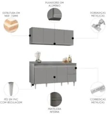 Armário Cozinha e Balcão Com Tampo 160cm Arkansas Cinza     - Lumil