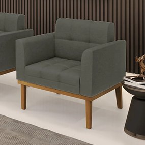 Poltrona Decorativa Karen Pés Fixo em Madeira Castanho Linho Cinza Mesclado G19 - Gran Belo