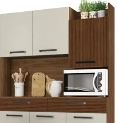Armário de Cozinha Compacta 132cm Stella Z06 Nogueira/Off White/Ripado