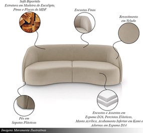 Sofá Decorativo Sala de Estar Bipartido 288cm Clarke Veludo Bege G45 - Gran Belo