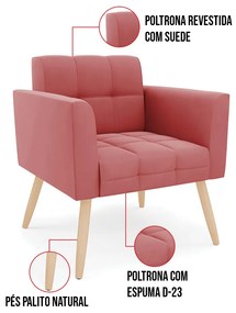 Kit 1 Sofá Namoradeira e 2 Poltronas Elisa Suede Pés Palito Natural D03 - D'Rossi - Rose
