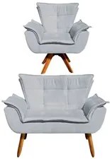 Kit Namoradeira 2 Lugares e 1 Poltrona Decorativa Giratória Madeira Op