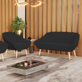 Kit 01 Namoradeira 02 Lugares e 01 Poltrona Giovana Veludo Pés Palito Natural - D'Rossi - Preto