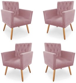 Kit 4 Poltronas Decorativas Clara Capitonê Pés Palito Suede Rosa - Sheep Estofados