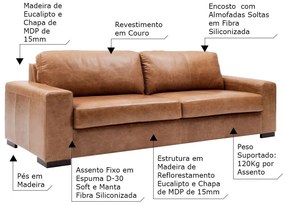 Sofá 4 Lugares Sala de Estar Pés Madeira Aisla 240 cm Couro Camel G43 - Gran Belo