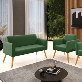 Sofá Namoradeira com Poltrona Pés Palito Castanho Marisa Suede Verde D03 - D'Rossi