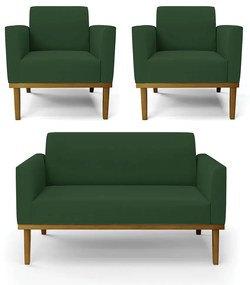 Sofá Namoradeira com 2 Poltronas Base de Madeira Fixa Castanho Marisa Veludo  D03 - DRossi - Verde