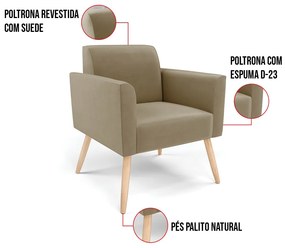 Poltrona Pés Palito Natural Marisa Suede - Marrom Rato