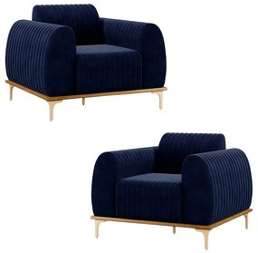 Kit 2 Poltronas Decorativas Sala de Estar Base de Madeira Euro Veludo Azul Marinho G15 - Gran Belo