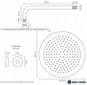 Ducha de Inox Redonda 30 cm de Parede (Escovada)