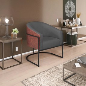 Poltrona Luiza Base de Ferro Preto Corano Nozes e Linho Cinza Escuro - ADJ Decor