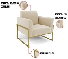 Kit 2 Poltronas Base Industrial Alta Dourado Marisa Suede D03 - D'Rossi - Bege