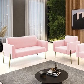 Sofá Namoradeira e Poltrona Pé de Ferro Dourado Marisa Suede D03 - D'Rossi - Rosa Bebê