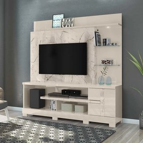 Home Theater Maxim  Porta 2 Prateleiras Iluminação LED MDP até 55 Calacata/OffWhite G97 - Gran Belo