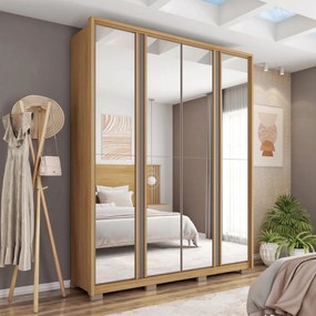 Guarda Roupa Orbit Solteiro 4 Portas de Bater com 4 Espelhos e Gavetas  MDF Buriti/Fendi G11 - Gran Belo