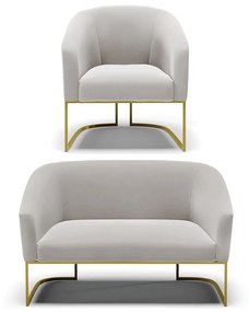 Sofá Namoradeira e Poltrona Base Industrial Dourado Stella Veludo D03 - D'Rossi - Cinza