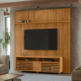 Painel TV 75 Pol 238cm Ripado Kalven com Rack Bancada Nerion M20 - D'Rossi - Cumaru(fosco)