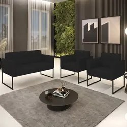 Sofá Namoradeira e 2 Poltronas Base Industrial Preto Ana Linho Preto -