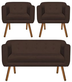 Kit 01 Namoradeira 02 Lugares e 02 Poltronas Julia Suede Marrom Pés Palito Castanho D'Rossi