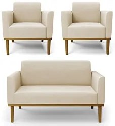 Sofá Namoradeira e 2 Poltronas Base Madeira Castanho Maressa Suede Beg