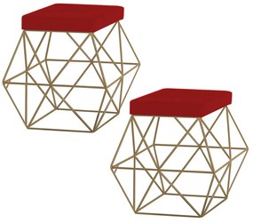 Kit 2 Puffs Decorativo Sala de Estar Base Gold Trixie Veludo Vermelho G41 - Gran Belo