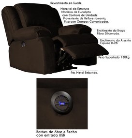 Poltrona do Papai Reclinável Elétrica com Entrada USB Magnum Veludo Marrom Chocolate G23 - Gran Belo