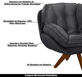 Poltrona Decorativa Base em Madeira Giratória Giroud Veludo Cinza Chumbo G33 - Gran Belo