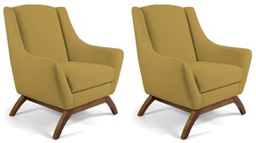 Kit 02 Poltronas Decorativas Sala de Estar Base de Madeira Naomi Veludo Mostarda Claro G15 - Gran Belo