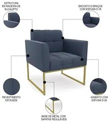 Poltrona Base Industrial Dourado Kit 2 Ana Suede Azul Marinho - Ibiza