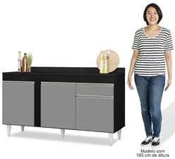 Balcão Gabinete para Pia com Tampo 150cm 3 Portas 1 Gaveta Dakota Pret