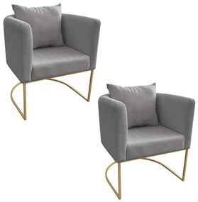 Kit 02 Poltronas Paola Linho Base Metálica Dourado D03 - D'Rossi - Grafite A26