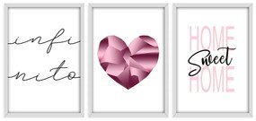 Kit 03 Quadros Decorativos "Pink Heart" 43x33 cm - D'Rossi