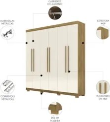 Guarda Roupa Casal 218cm 6 Portas Bolty Nature/Champanhe V02 - Mpozena