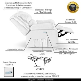 Poltrona do Papai Reclinável Sala de Cinema Madrid Elétrica Touch USB PU Branco  G23