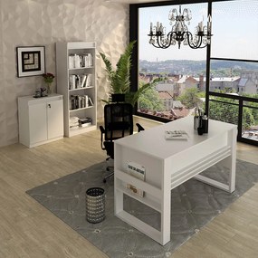 Escritório Completo com Mesa Armário Alto e Balcão Moon MDP Branco G69 - Gran Belo