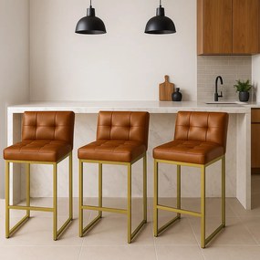 Banqueta Cozinha Alta com Encosto Industrial Kit 3 Dourado Lirina PU C05 - D'Rossi - Whisky