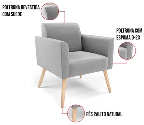 Kit 2 Poltronas Pés Palito Natural Marisa Suede - Cinza