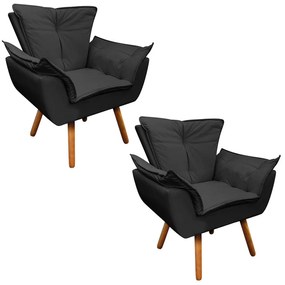 Poltrona Sala de Estar Pé Palito de Madeira Kit 2 Opala Corino - Preto