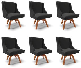 Kit 6 Cadeiras Decorativas Sala de Jantar Base Giratória de Madeira Firenze Veludo Preto/Natural G19 - Gran Belo